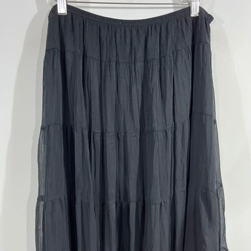 Rafael VTG 90s Fairy Grunge Black Tiered Maxi Skirt Embroidery Boho Womens Large